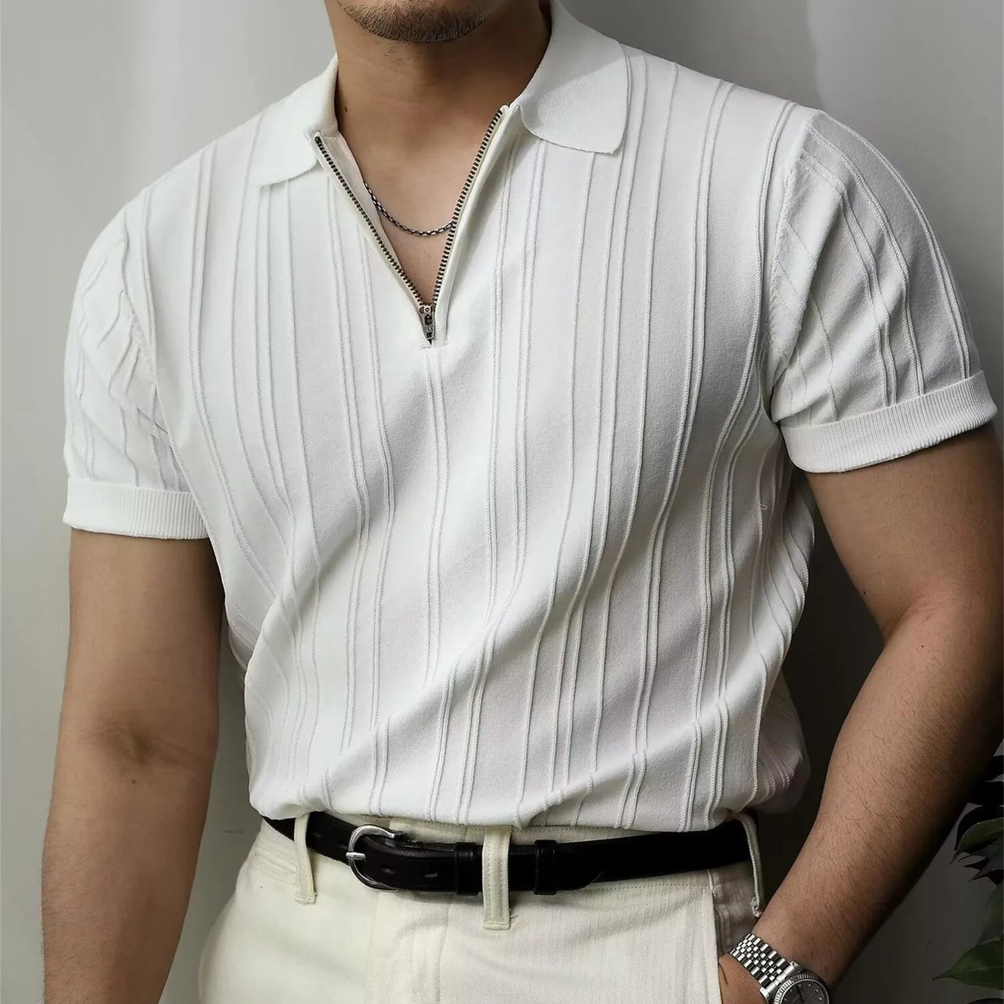 Short Sleeve Striped Zip T-Shirt
